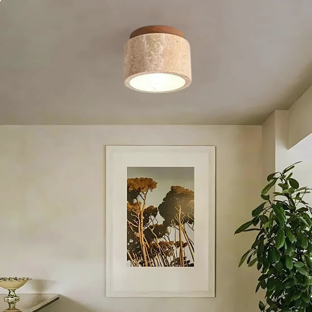 Plafonnier LED en travertin avec base en bois