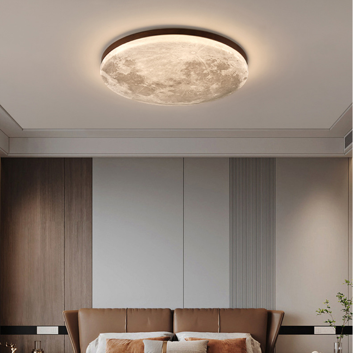 Plafonnier LED à décor de lune avec cadre en bois