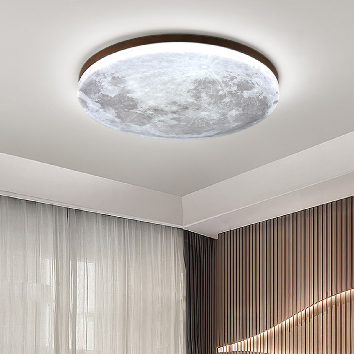 Plafonnier LED à décor de lune avec cadre en bois
