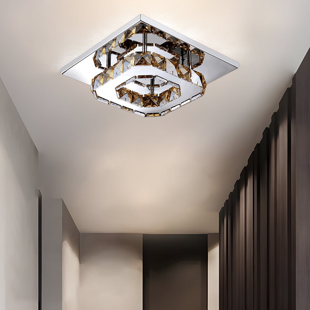 Plafonnier LED carré en métal chromé et verre facetté