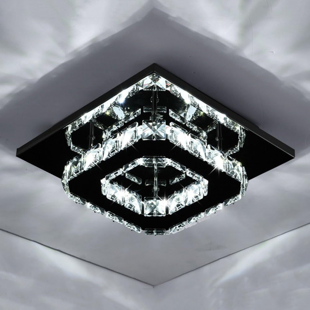 Plafonnier LED carré en métal chromé et verre facetté