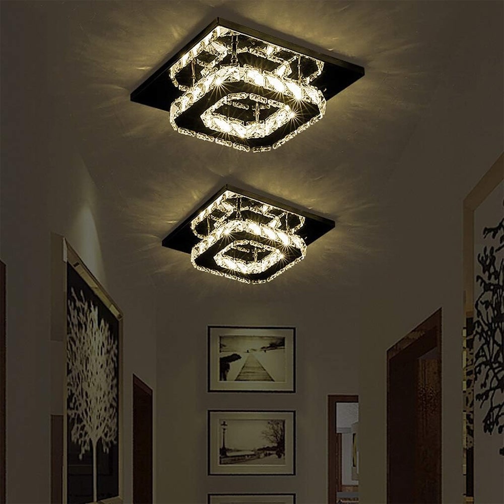 Plafonnier LED carré en métal chromé et verre facetté