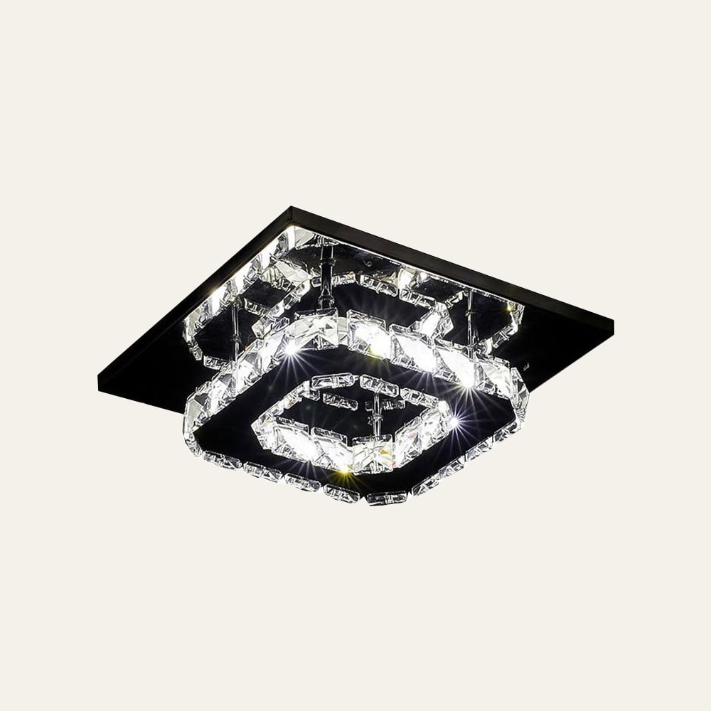 Plafonnier LED carré en métal chromé et verre facetté