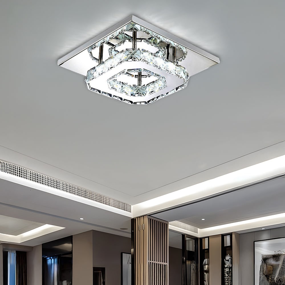 Plafonnier LED carré en métal chromé et verre facetté