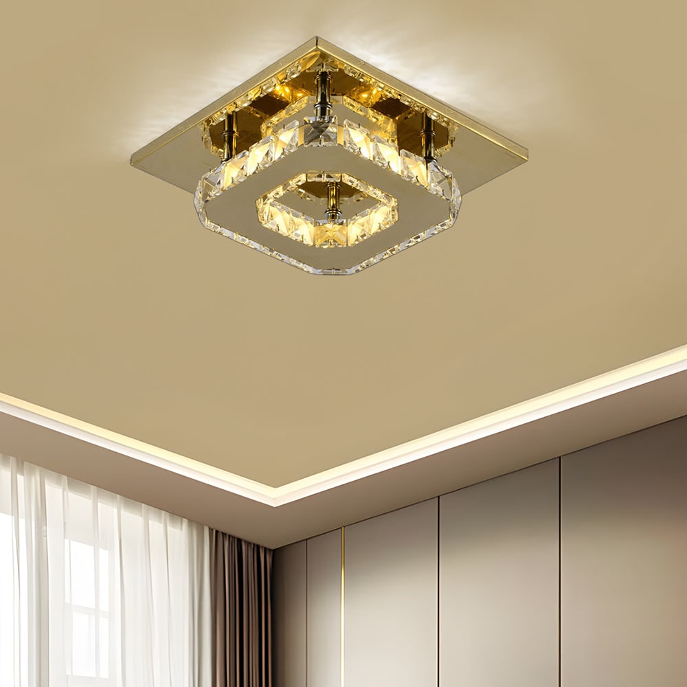 Plafonnier LED carré en métal chromé et verre facetté