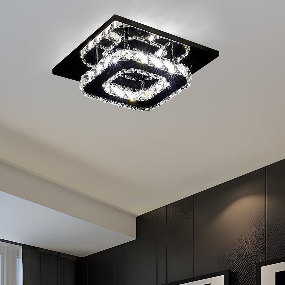 Plafonnier LED carré en métal chromé et verre facetté