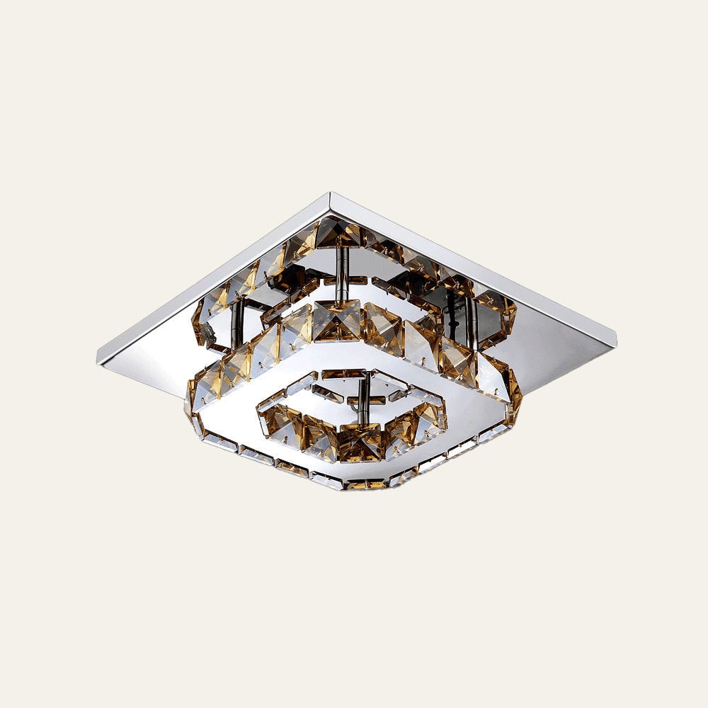 Plafonnier LED carré en métal chromé et verre facetté