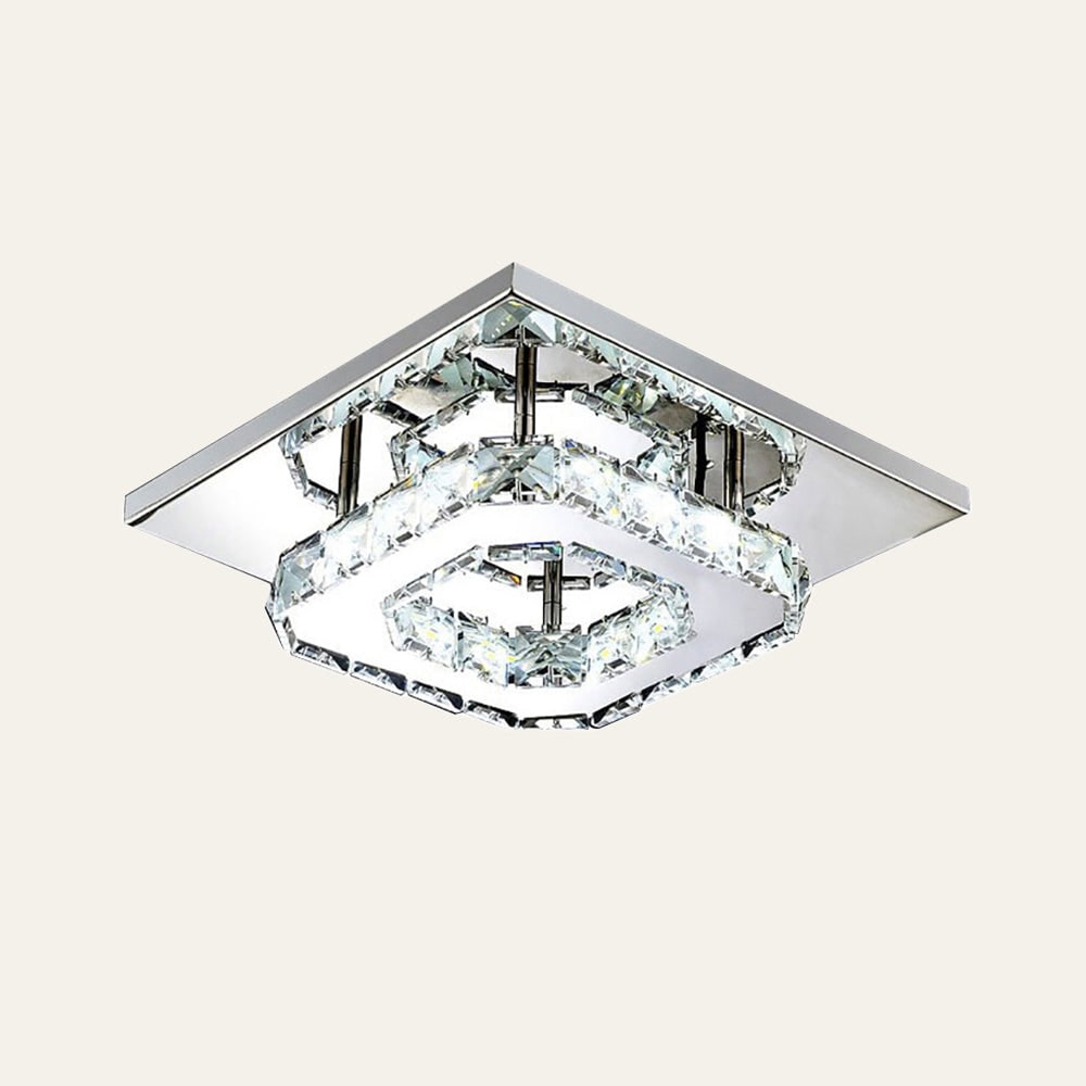 Plafonnier LED carré en métal chromé et verre facetté