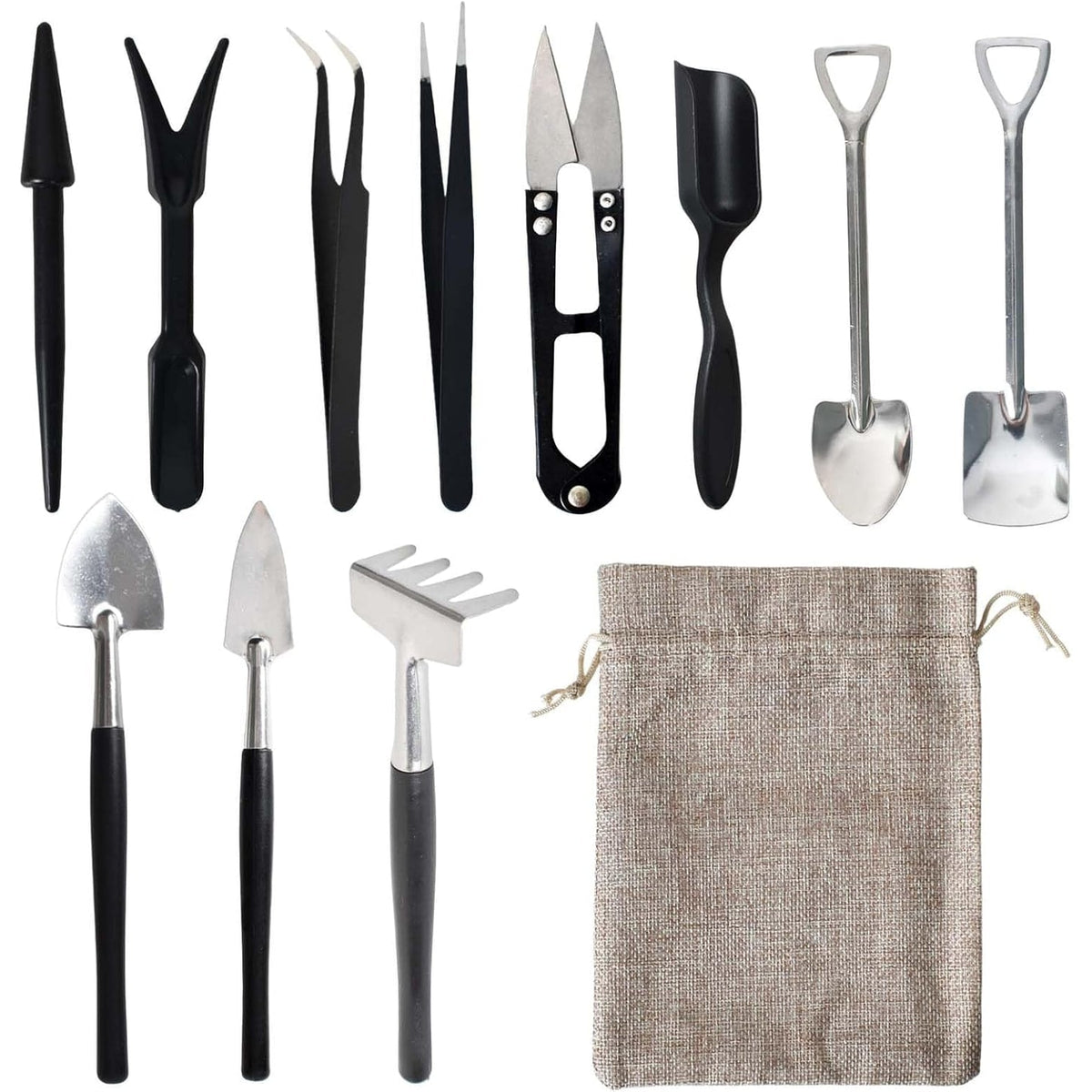 Kit de douze outils miniatures de jardinage avec pochette
