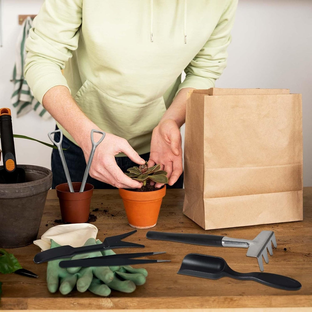 Kit de douze outils miniatures de jardinage avec pochette