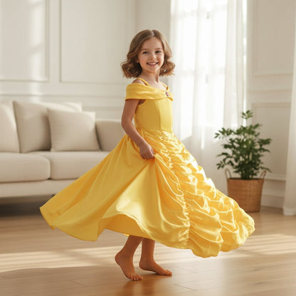 Robe de bal jaune de déguisement avec couronne et sceptre