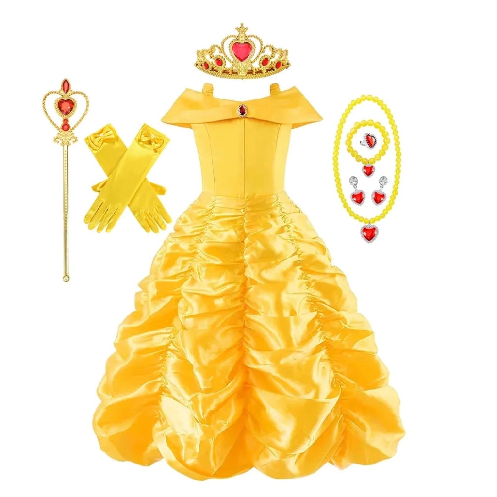 Robe de bal jaune de déguisement avec couronne et sceptre