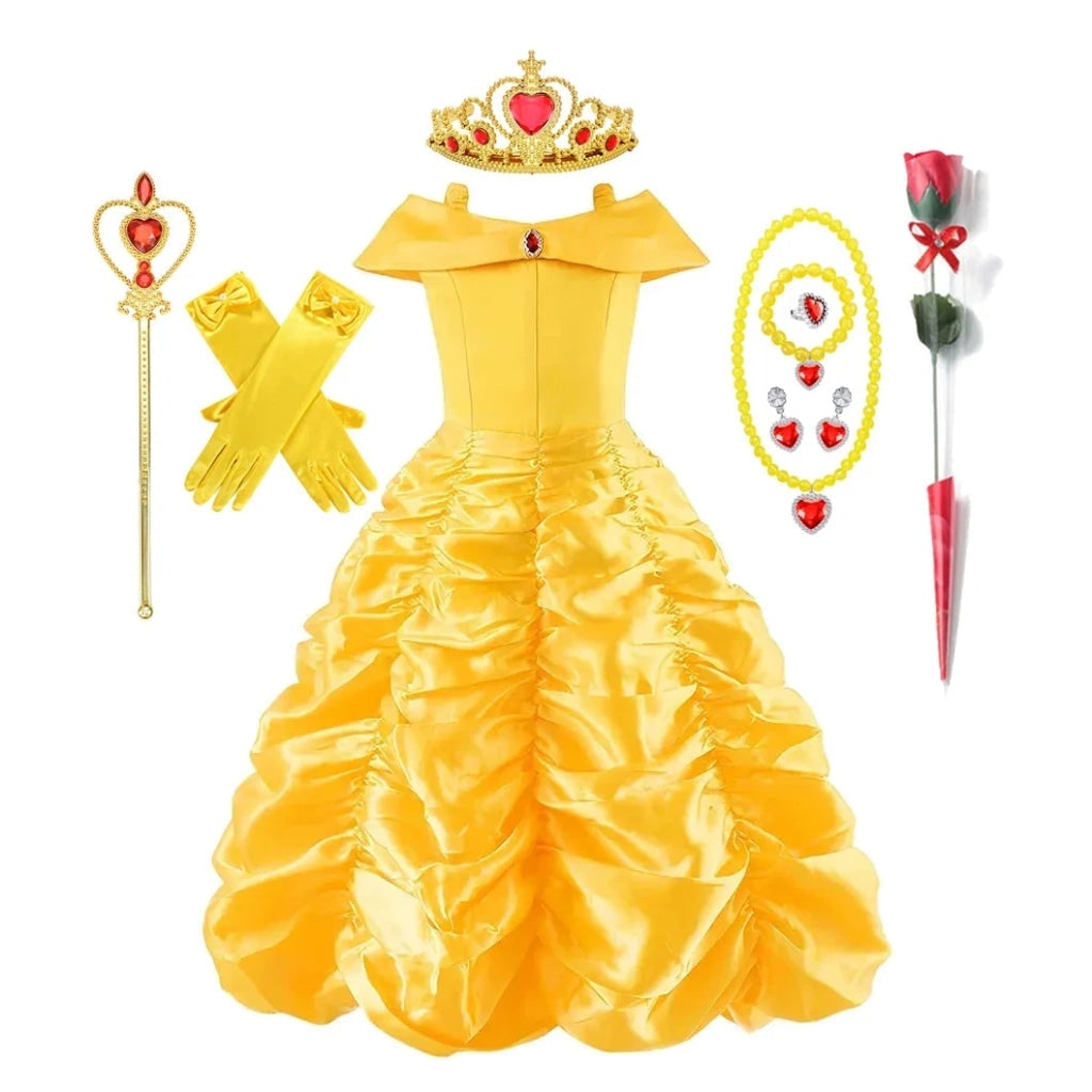 Robe de bal jaune de déguisement avec couronne et sceptre