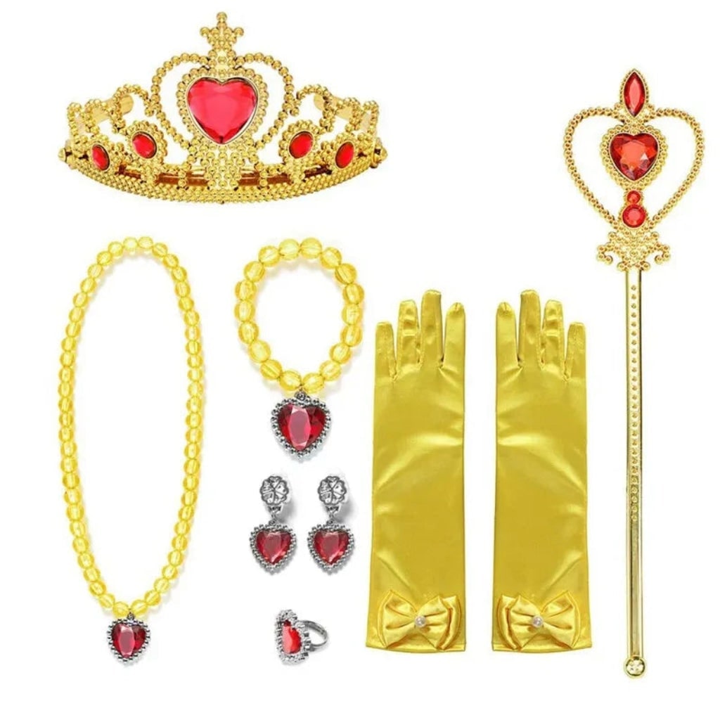 Robe de bal jaune de déguisement avec couronne et sceptre