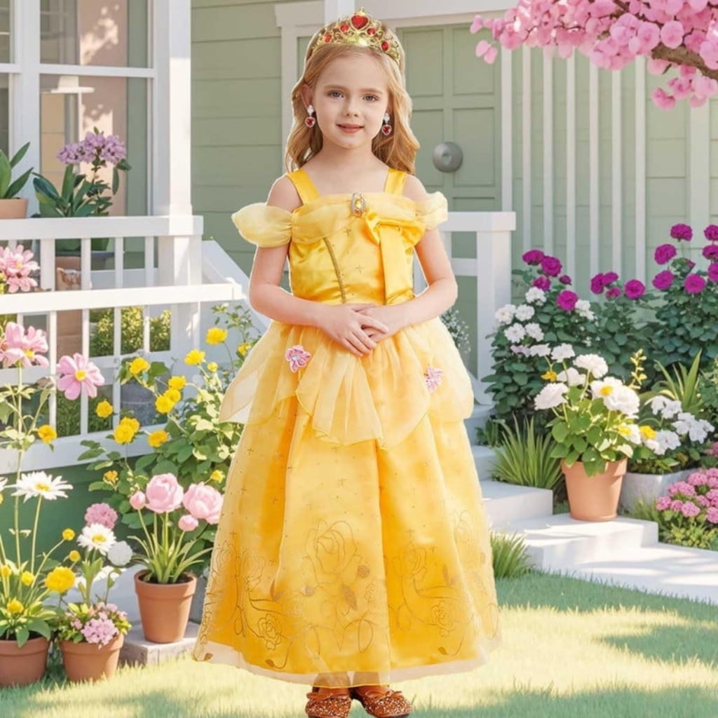 Robe de princesse jaune avec diadème et accessoires