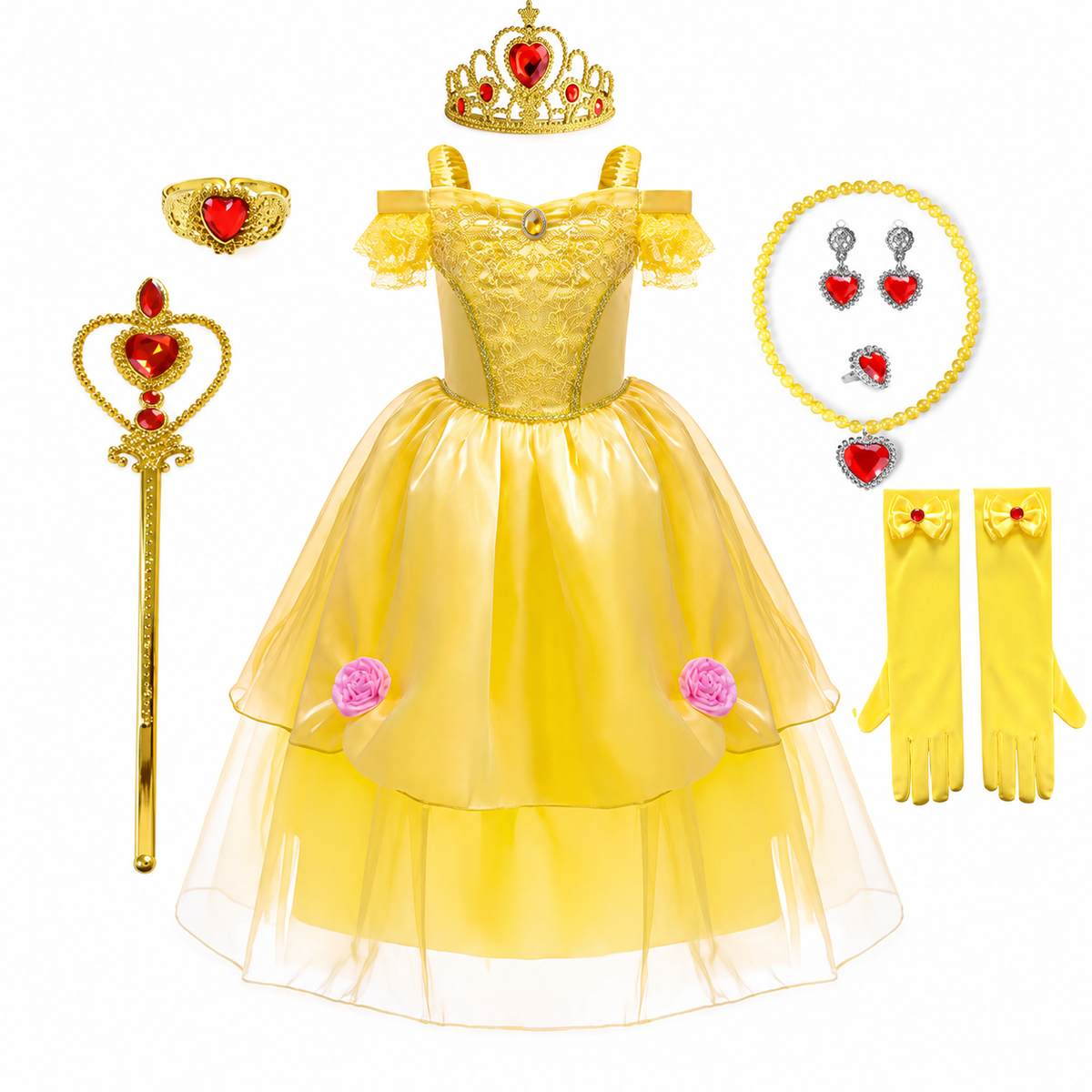 Robe de princesse jaune avec diadème et accessoires
