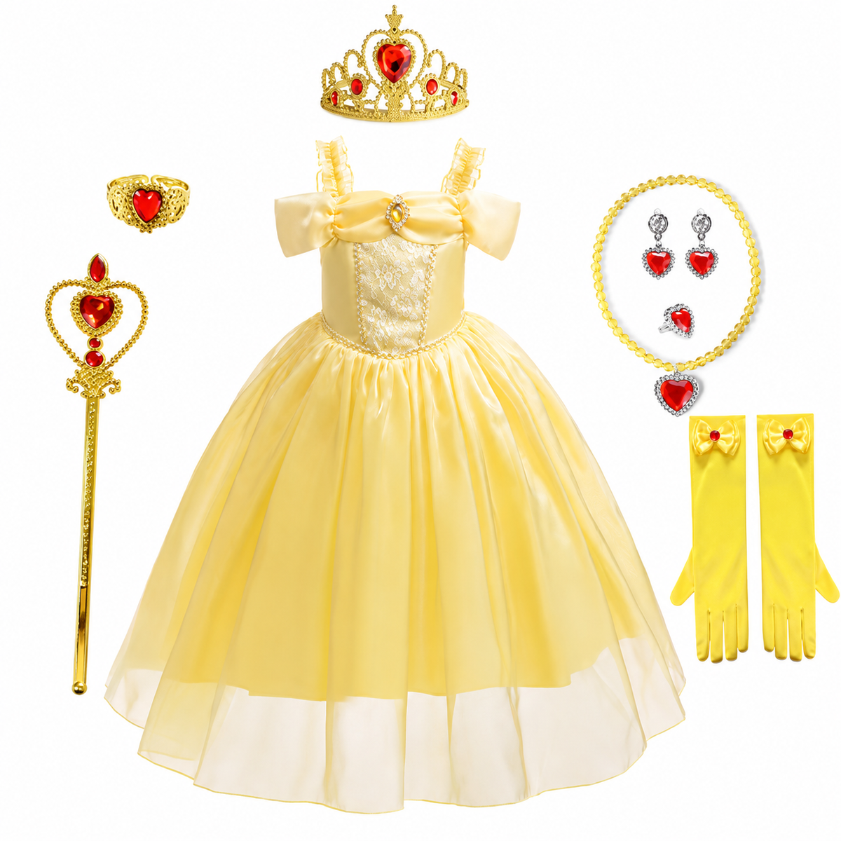 Robe de princesse jaune avec diadème et accessoires