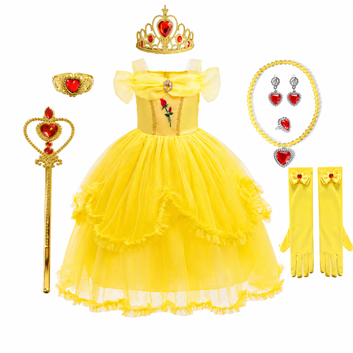 Robe de princesse jaune avec diadème et accessoires