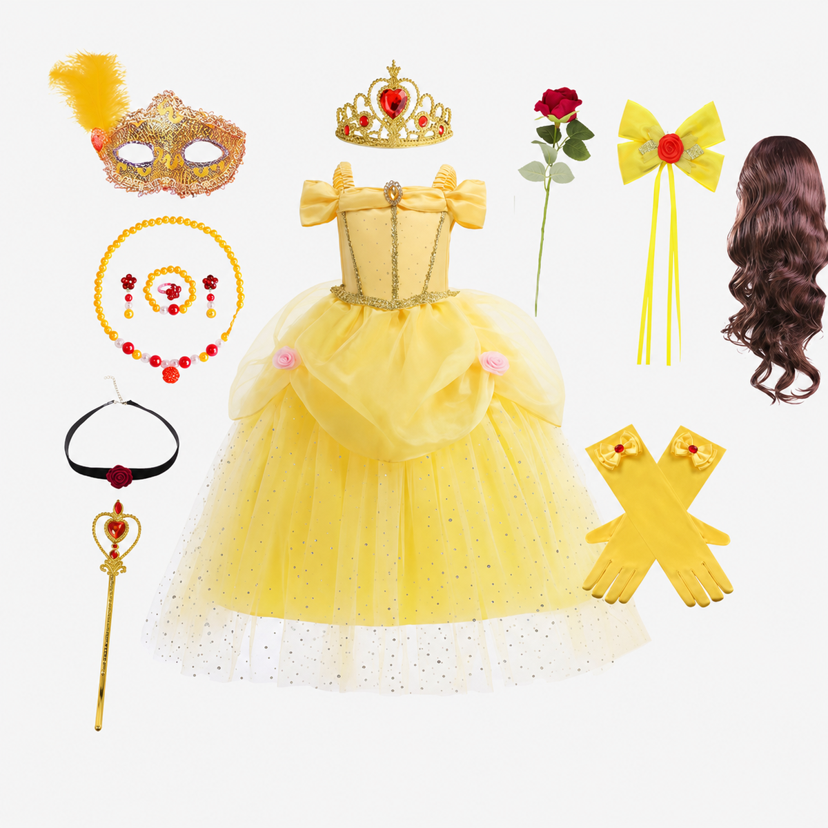Robe de princesse jaune avec diadème et accessoires