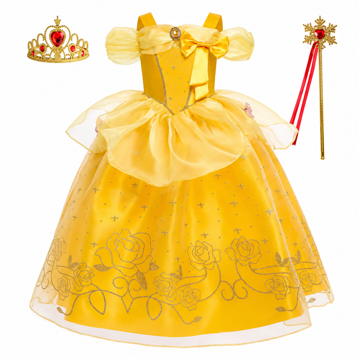 Robe de princesse jaune avec diadème et accessoires