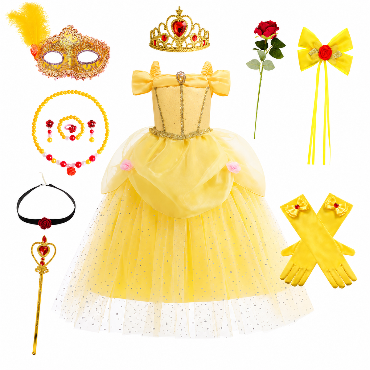 Robe de princesse jaune avec diadème et accessoires