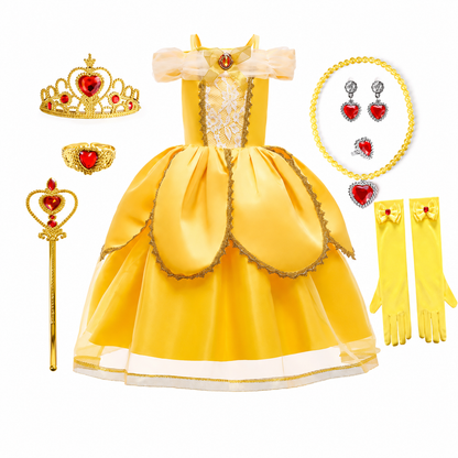 Robe de princesse jaune avec diadème et accessoires