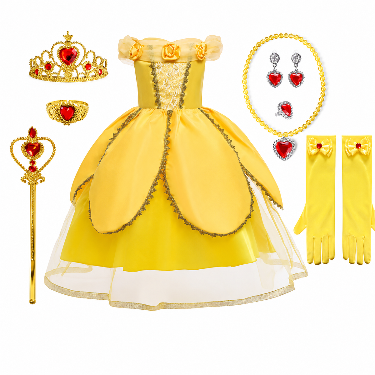 Robe de princesse jaune avec diadème et accessoires