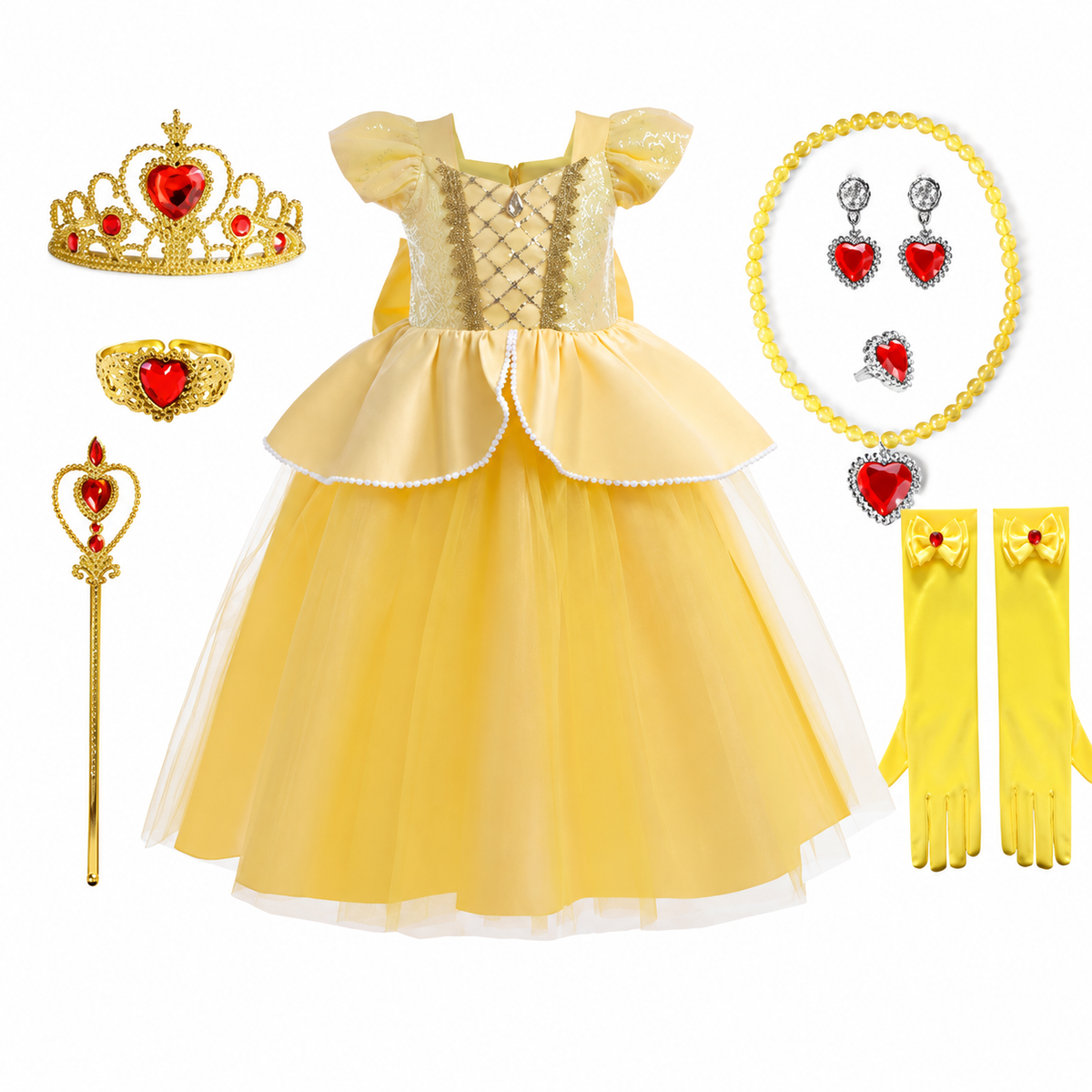 Robe de princesse jaune avec diadème et accessoires