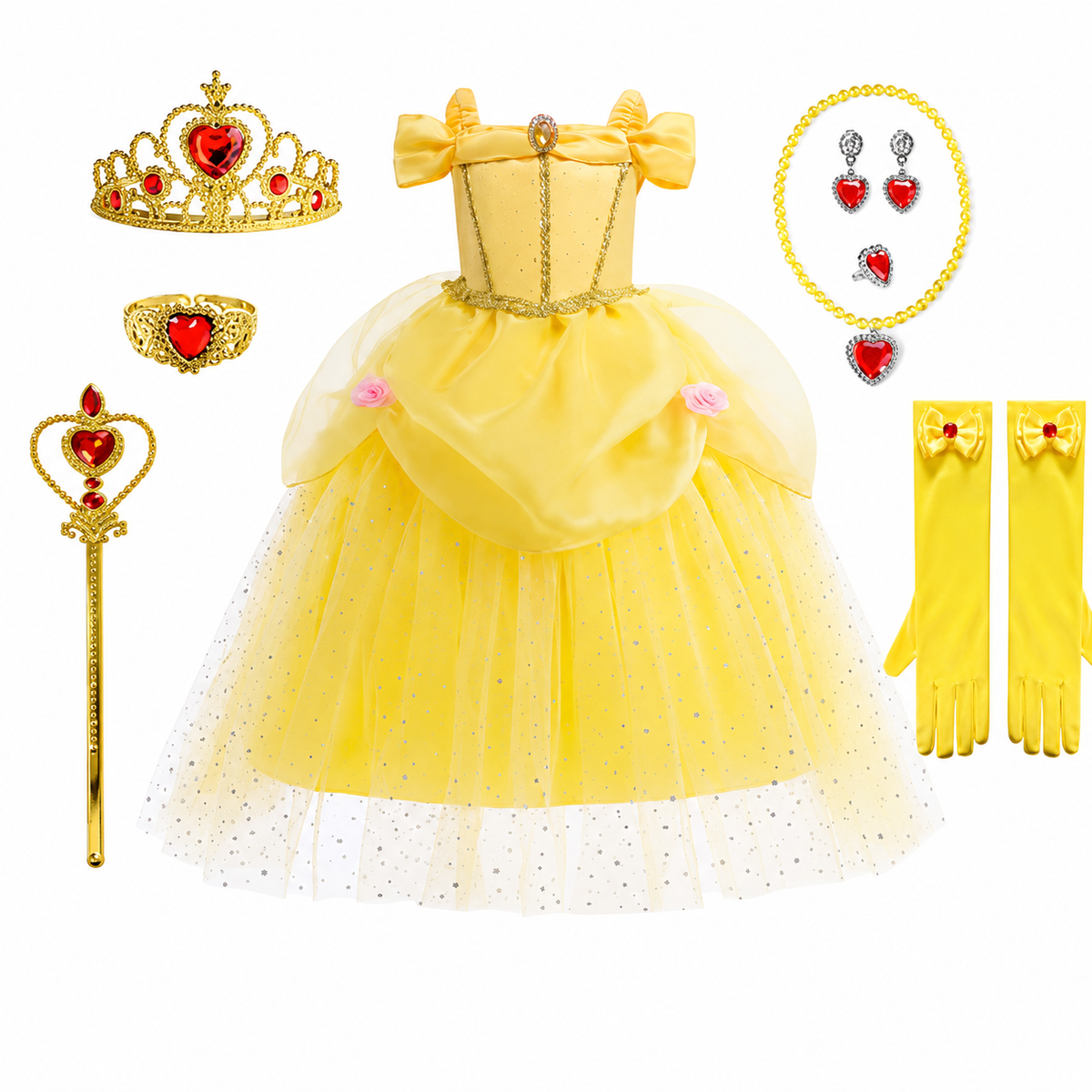 Robe de princesse jaune avec diadème et accessoires