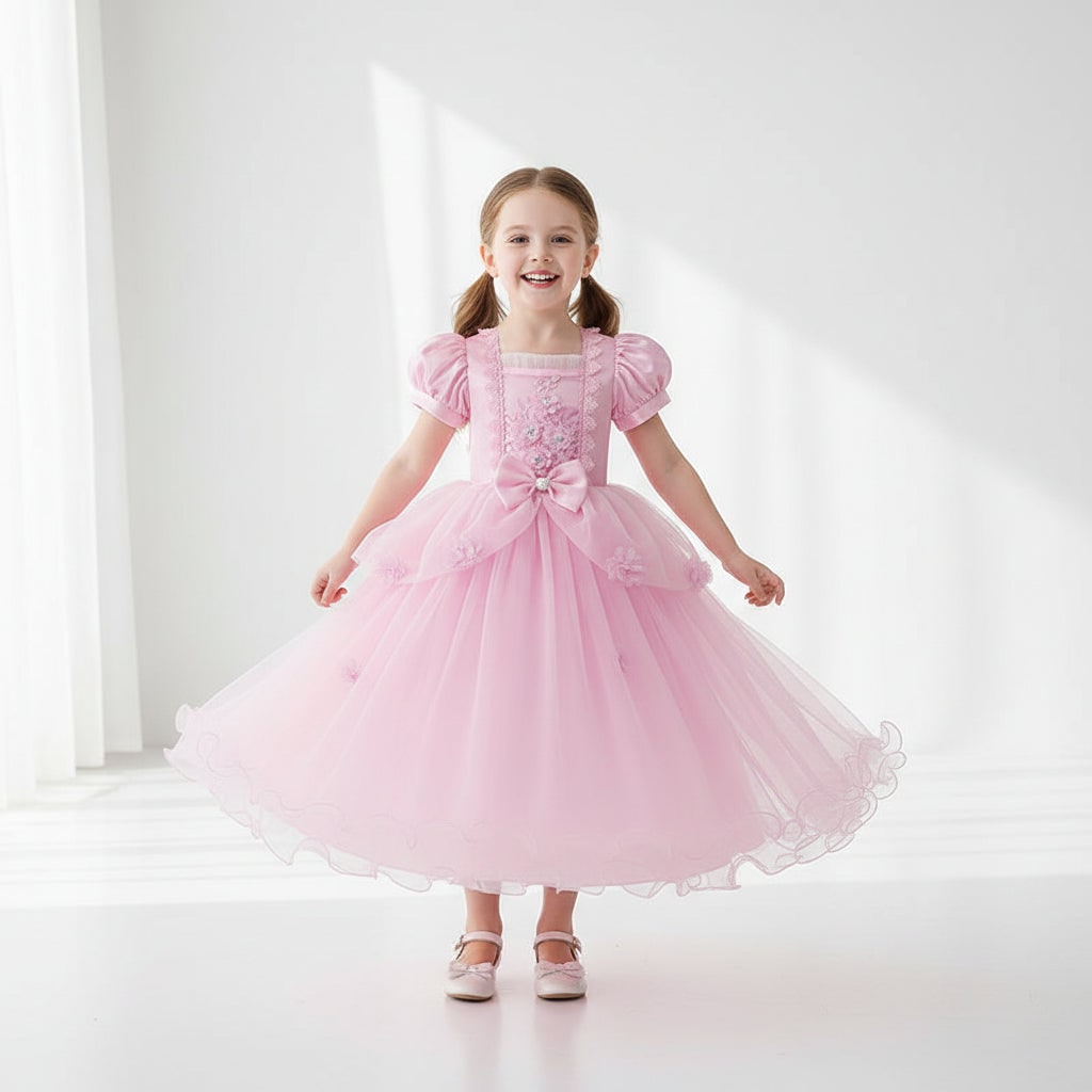 Robe de princesse enfant en satin et tulle à manches bouffantes