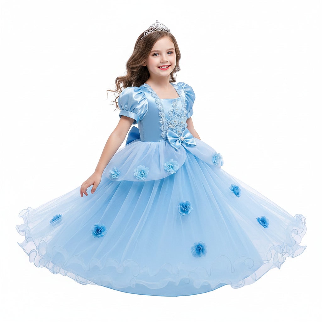 Robe de princesse enfant en satin et tulle à manches bouffantes