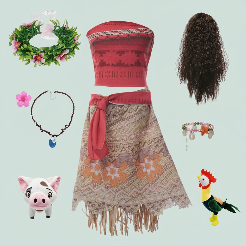 Déguisement tropical à haut et jupe frangée avec accessoires