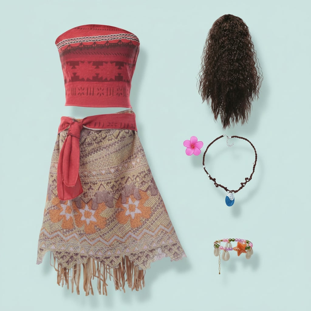 Déguisement tropical à haut et jupe frangée avec accessoires