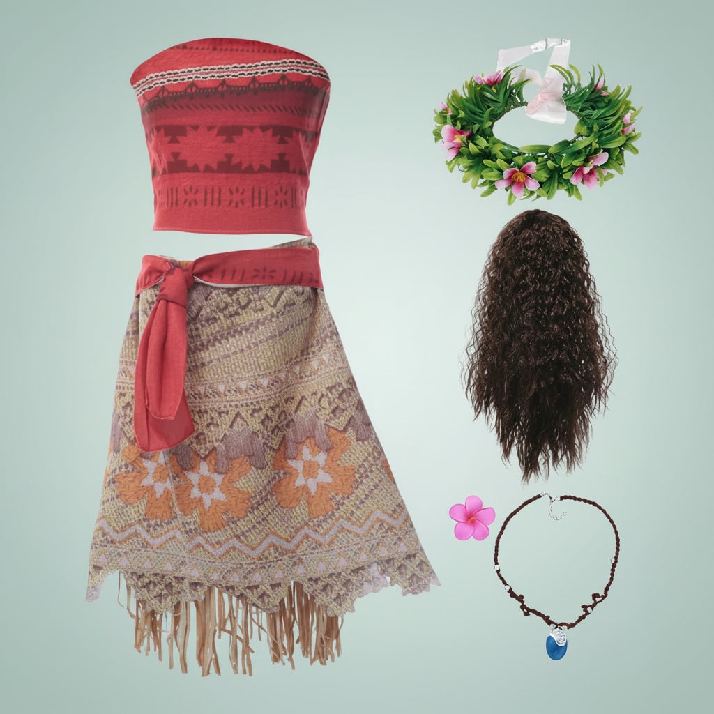 Déguisement tropical à haut et jupe frangée avec accessoires