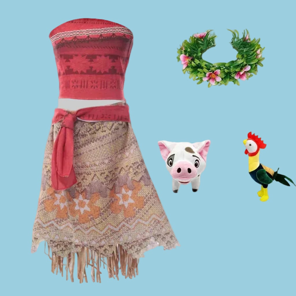 Déguisement tropical à haut et jupe frangée avec accessoires