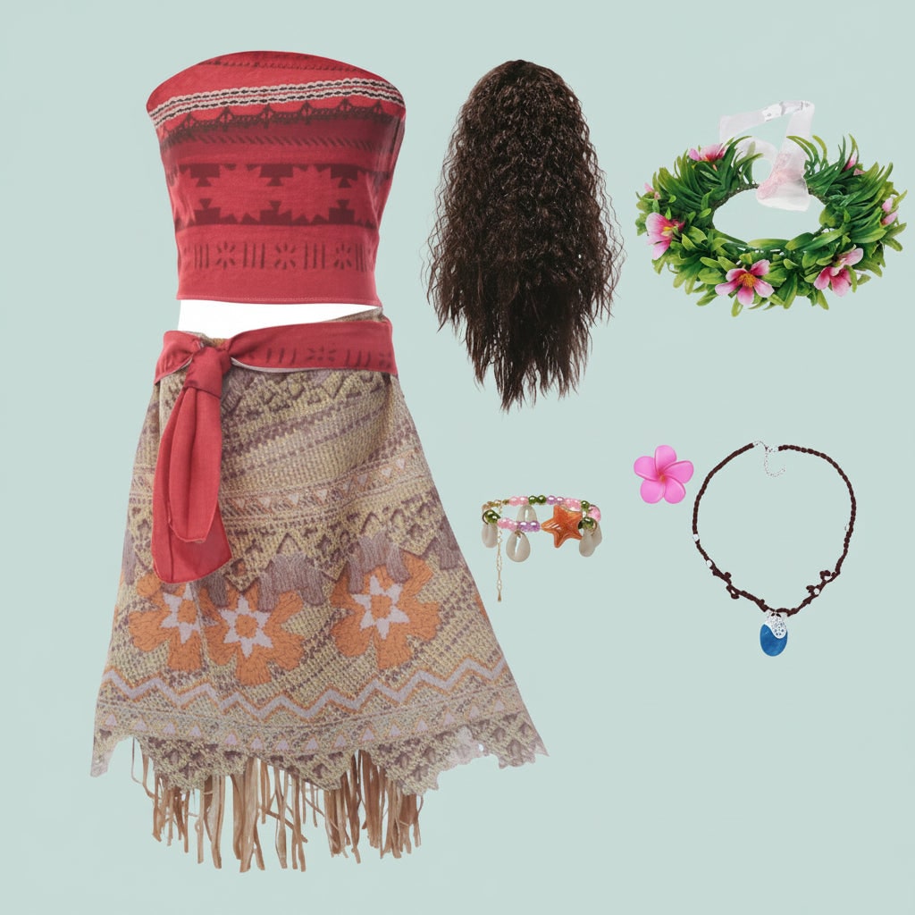 Déguisement tropical à haut et jupe frangée avec accessoires