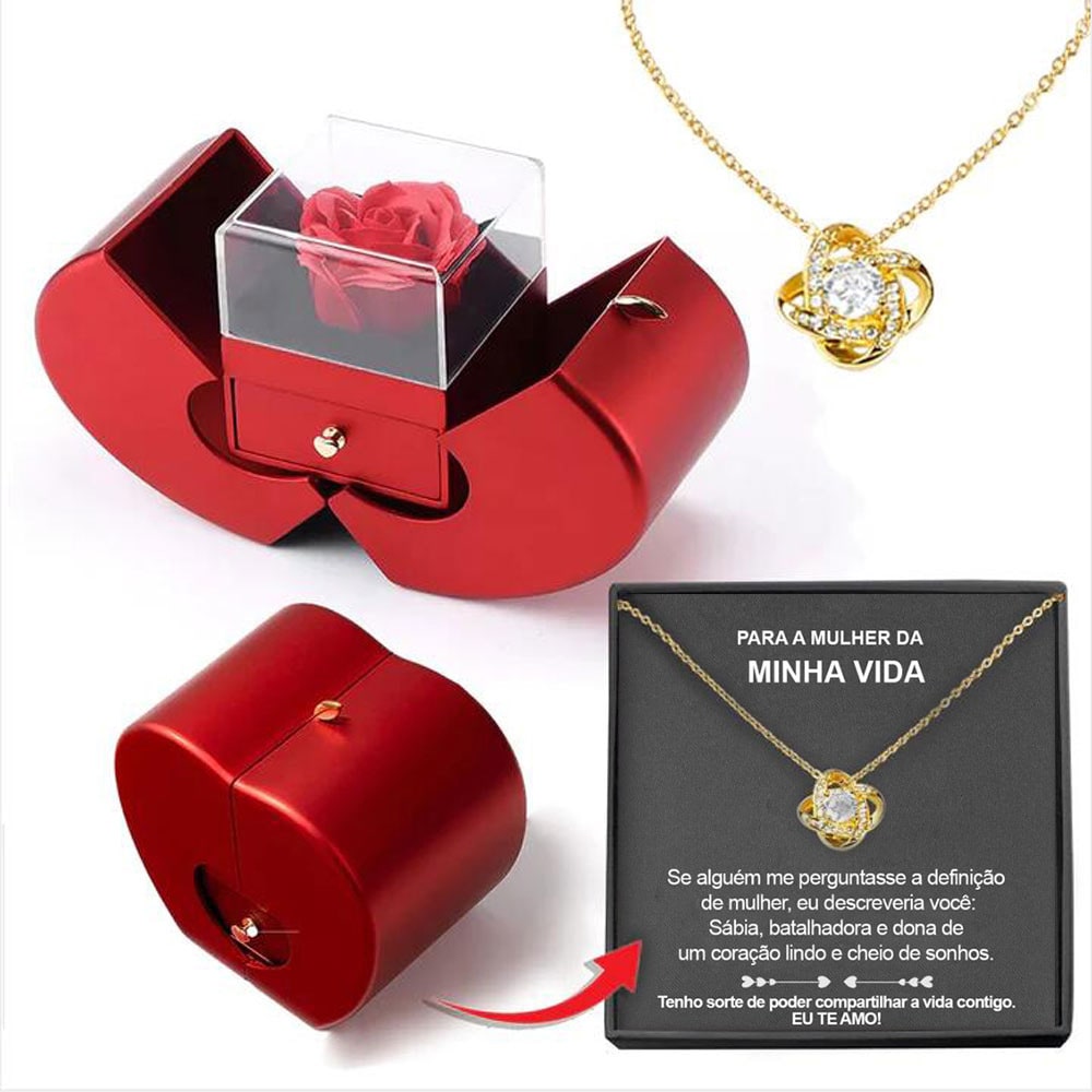 Coffret à bijoux en forme de pomme avec rose et collier