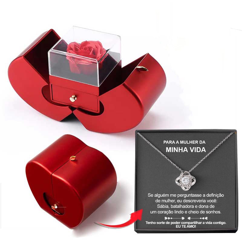 Coffret à bijoux en forme de pomme avec rose et collier