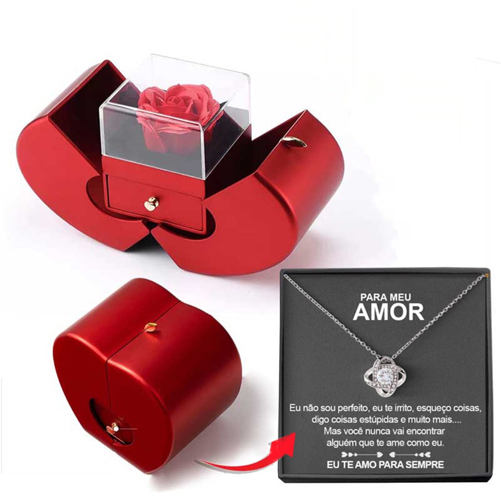 Coffret à bijoux en forme de pomme avec rose et collier