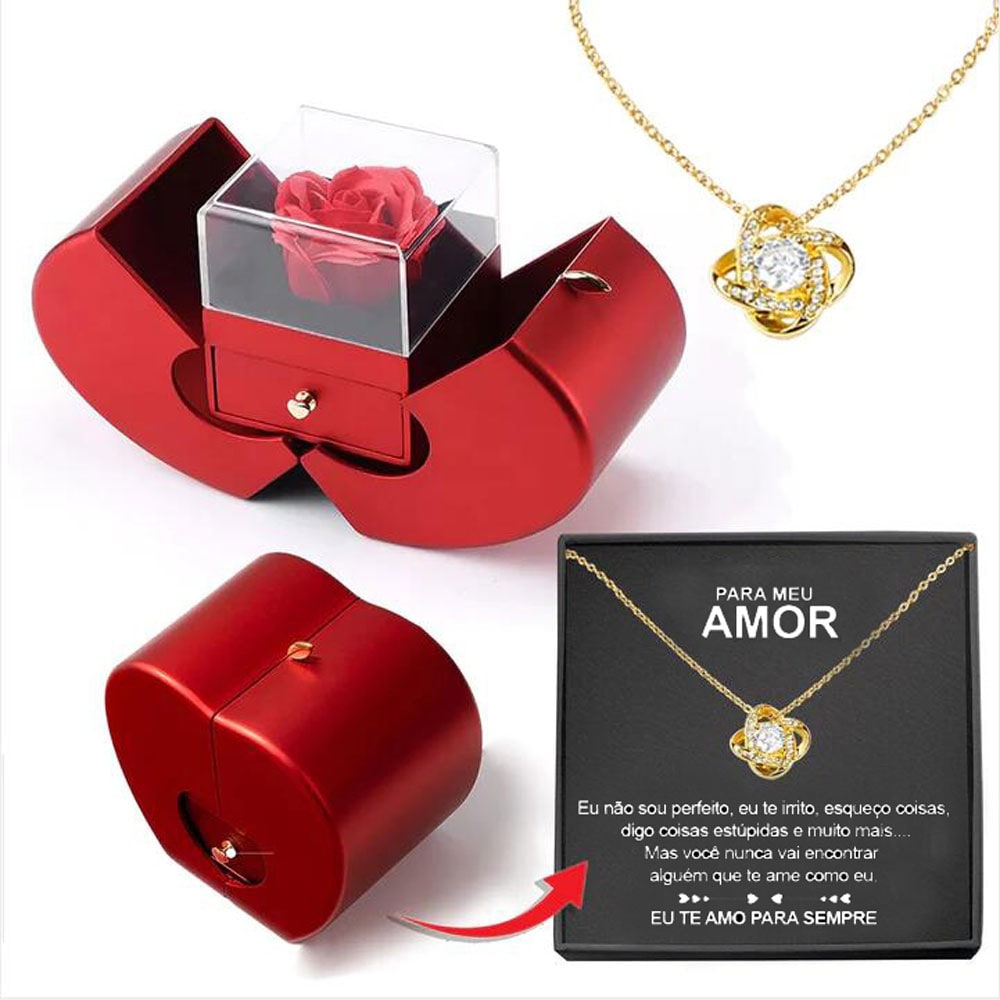 Coffret à bijoux en forme de pomme avec rose et collier