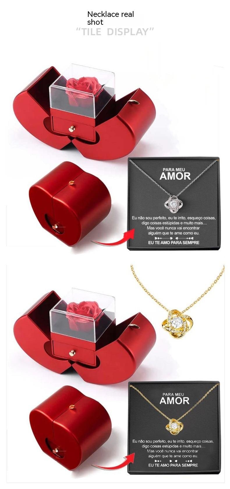 Coffret à bijoux en forme de pomme avec rose et collier