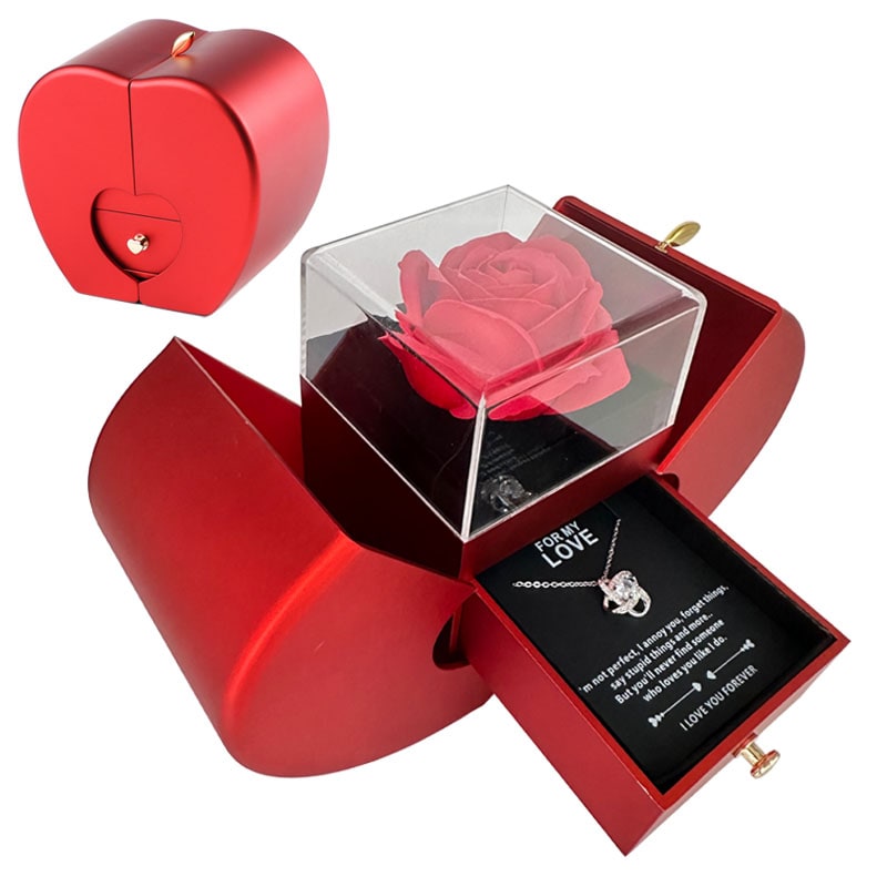 Coffret à bijoux en forme de pomme avec rose et collier