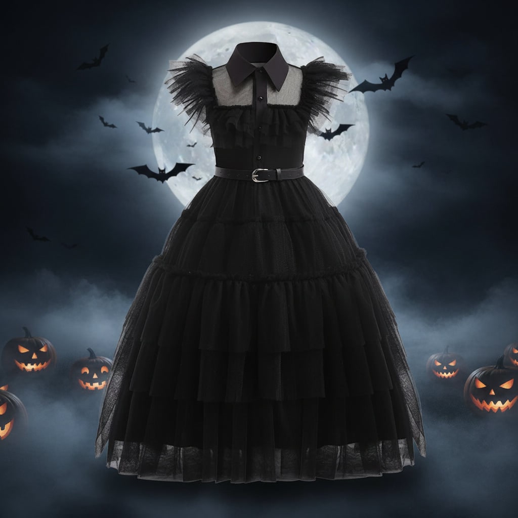 Robe gothique enfant en tulle à étages avec ceinture