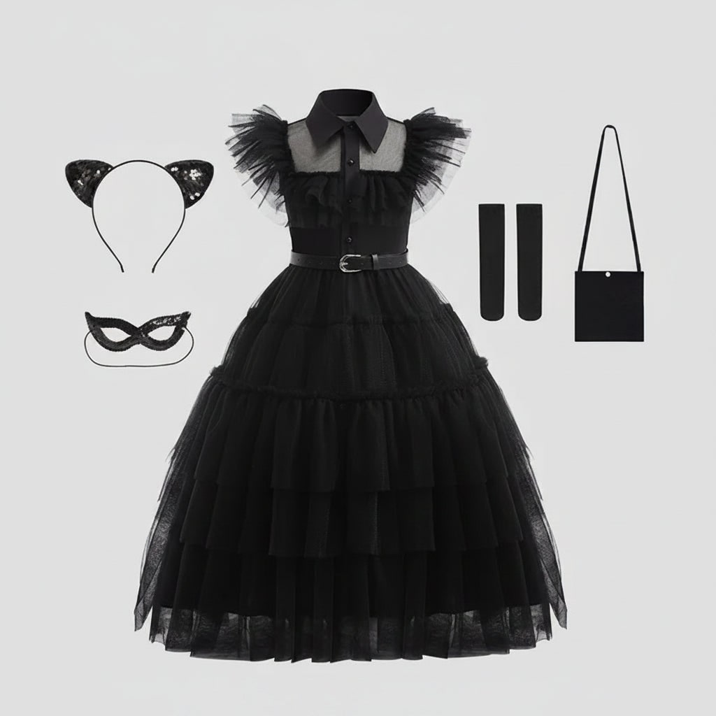 Robe gothique enfant en tulle à étages avec ceinture