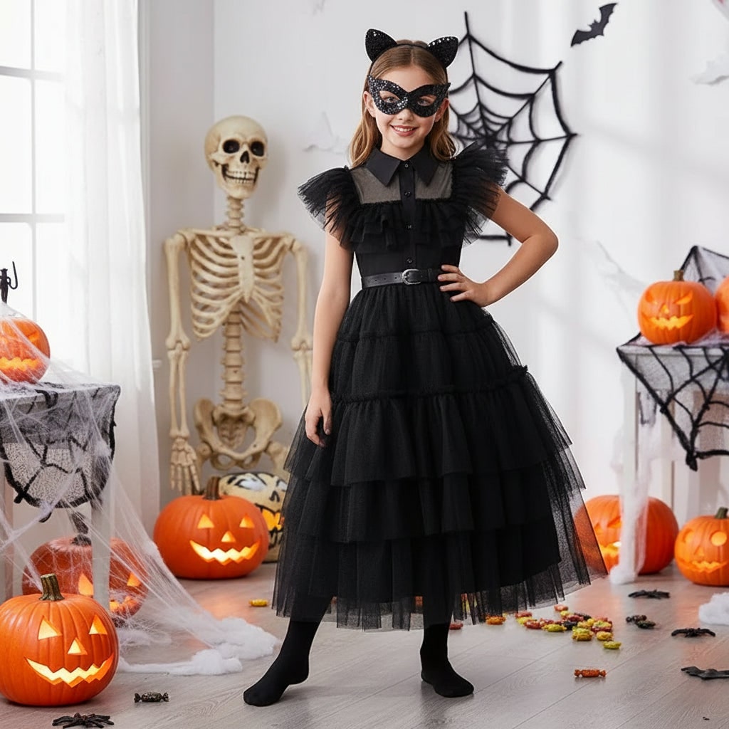 Robe gothique enfant en tulle à étages avec ceinture