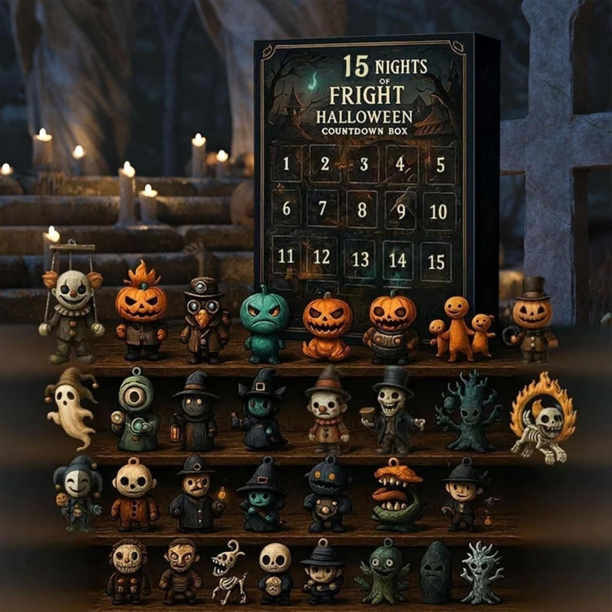 Calendrier d'Halloween à cases et figurines miniatures