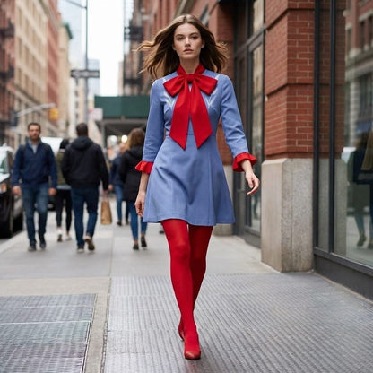 Robe de déguisement bleue à col rouge avec collants
