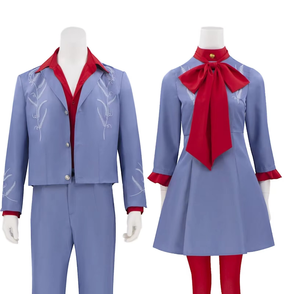 Robe de déguisement bleue à col rouge avec collants