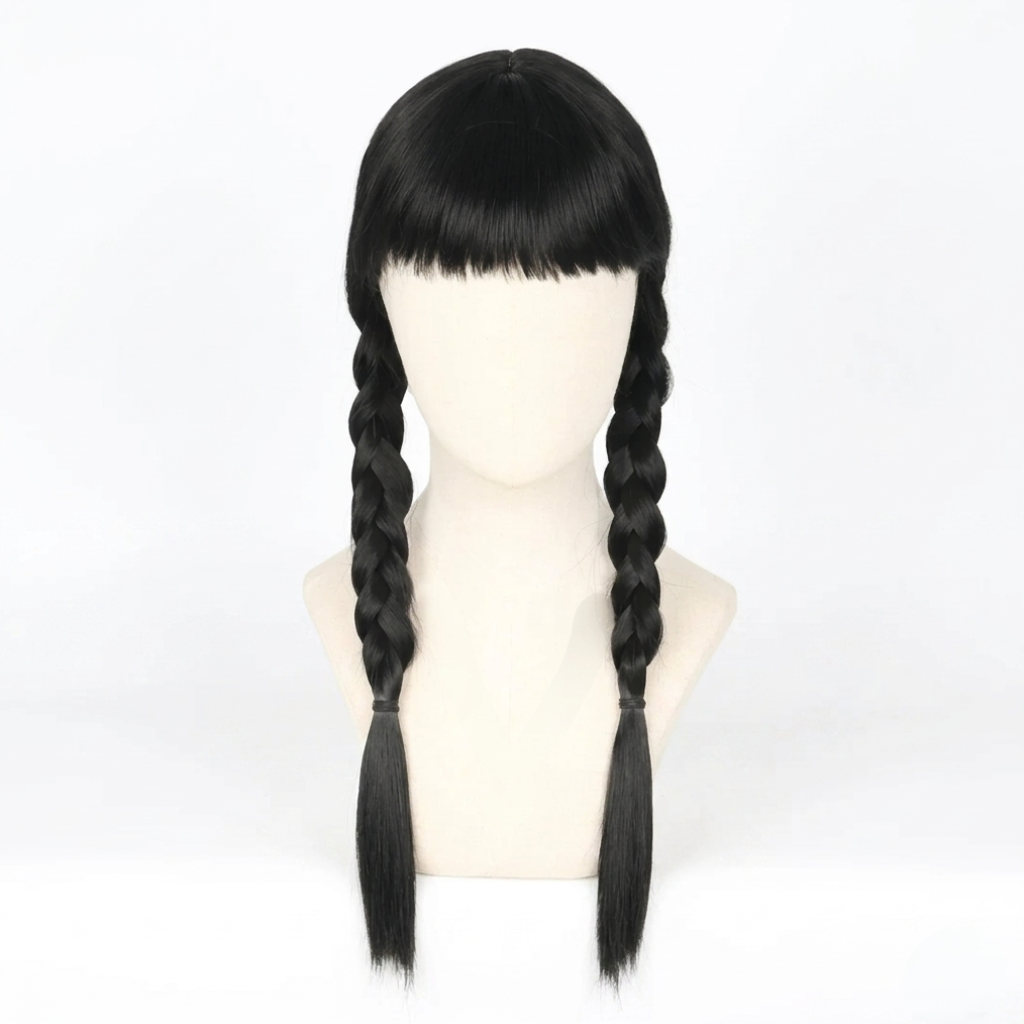 Perruque de déguisement à deux tresses et frange droite