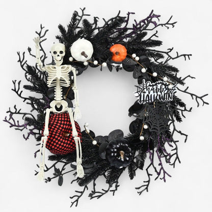 Couronne de porte d'Halloween à squelette et citrouilles